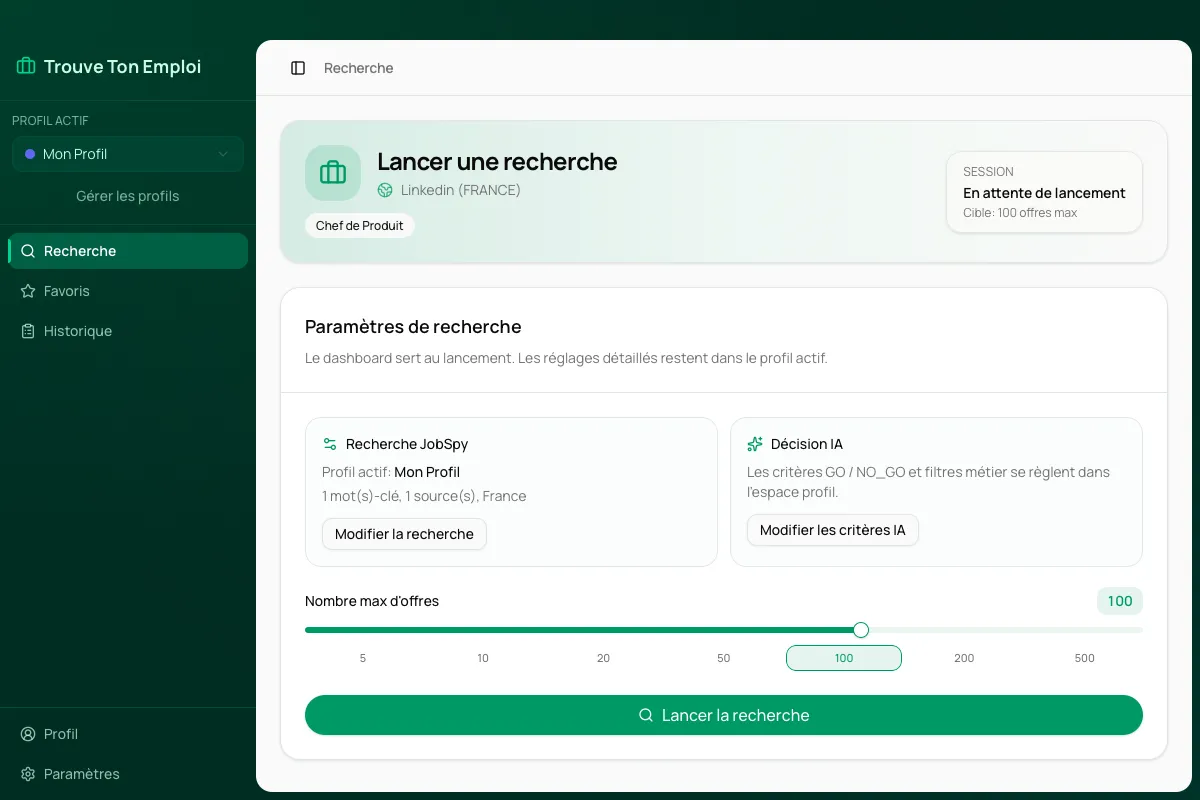 Tableau de bord d'Amploia montrant la configuration de recherche avec sélection de profil, mots-clés et plateformes